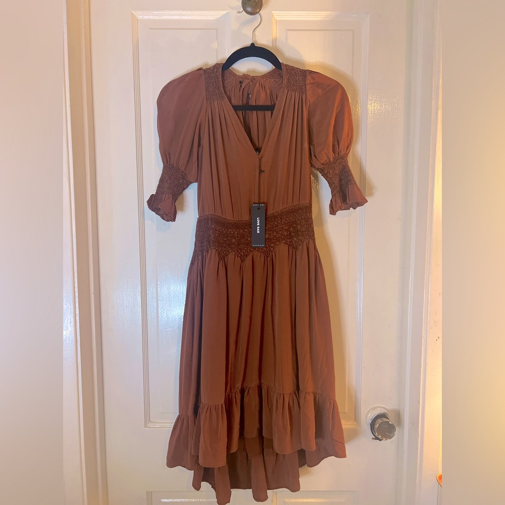New With Tags Love Sam Brown Midi Dress with Smocked Detailing
